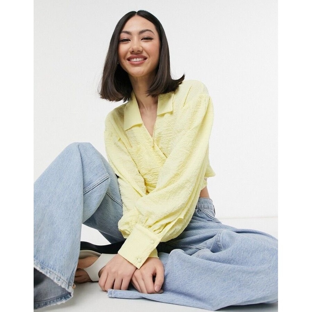 Lost Ink Lemon Yellow Crinkle Wrap Front Cropped Shirt Size M
